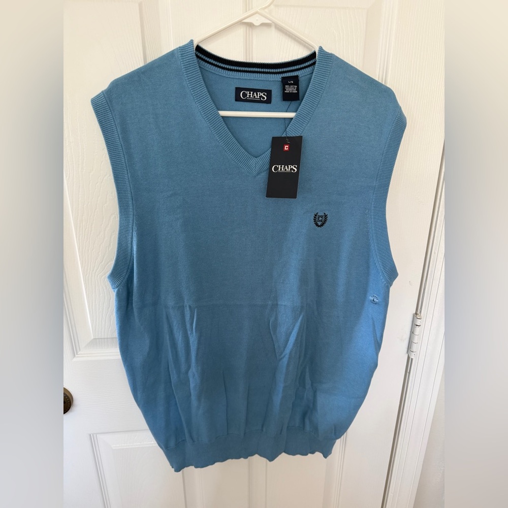 NWT Chaps Light Blue V-Neck Sweater Vest 100% Cotton